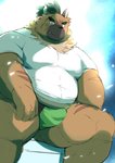 anthro belly black_nose bulge clothing cute_fangs fangs kemono male overweight overweight_anthro overweight_male scar shirt sitting solo teeth topwear underwear ayame42612 lifewonders tokyo_afterschool_summoners yasuyori_(tas) canid canine canis domestic_dog mammal 2020 hi_res