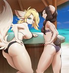 anthro beach big_breasts big_butt bikini blonde_hair breast_size_difference breasts butt clothing duo female hair hand_on_hip looking_at_viewer looking_back looking_back_at_viewer scut_tail seaside short_tail small_breasts swimwear tail two-piece_swimsuit kittellox_(artist) blanche_(kittellox) animal_humanoid canid canid_humanoid canine canine_humanoid dog_humanoid fennec_fox fox humanoid mammal mammal_humanoid true_fox