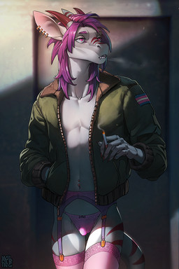 5_fingers anthro biped bulge cigarette clothed clothing detailed_bulge ear_piercing fingers genital_outline grey_body hair hand_in_pocket horn jacket legwear lgbt_pride male navel navel_piercing open_clothing open_jacket open_topwear panties penis_outline piercing pockets pride_color_accessory pride_color_patch pride_colors purple_eyes purple_hair smoking solo standing stockings tail topwear transgender_pride_colors underwear wildering mythology draki dragon mythological_creature mythological_scalie scalie 2018 digital_media_(artwork) shaded trans_(lore) trans_woman_(lore)