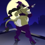 anthro belly big_breasts big_butt black_hair boots breasts butt clothed clothing costume female footwear hair hat headgear headwear holidays magic_user moon overweight overweight_anthro overweight_female shoes side_boob skimpy smile solo witch john_barrett halloween felid lion mammal pantherine 1:1 2016