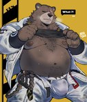 anthro areola barazoku belly big_belly big_bulge big_muscles bodily_fluids body_hair bottomwear breath bulge claws clothed clothing frown fur gold_(metal) gold_jewelry happy_trail huge_belly huge_bulge huge_muscles jacket jewelry kemono looking_at_viewer male musclegut muscular muscular_anthro muscular_male navel necklace nipples open_clothing open_jacket open_topwear overweight overweight_anthro overweight_male pants pecs pubes raised_clothing raised_shirt raised_tank_top raised_topwear scar shirt simple_background solo standing sweat talking_to_viewer tank_top text topwear tuft underwear unzipped yellow_background zipper meocondainhan mihoyo zenless_zone_zero ben_bigger bear mammal 2024 english_text hi_res