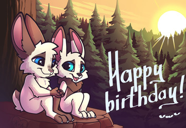 3_toes brown_body brown_fur brown_hair detailed_background duo feet feral forest fur hair happy_birthday pawpads paws plant rabbit_ears sun sunset toes tree white_body white_fur white_hair jaynt azir_(jaynt) knufte_(knufte) lagomorph leporid mammal rabbit detailed hi_res