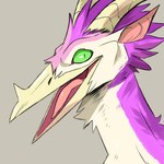 ambiguous_form ambiguous_gender beak glistening glistening_eyes green_eyes grey_background horn looking_at_viewer open_mouth pink_tongue pupils purple_body simple_background slit_pupils solo tongue white_body yellow_beak yellow_horn imperatorcaesar sugar_(myriad) avian 1:1