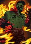 abs beard biceps black_hair bottomwear claws clothed clothing deltoids facial_hair fangs fiery fire glowing hair humanoid_pointy_ears kilt male manly mohawk muscular navel obliques pecs pointy_ears solo teeth topless topless_male triceps vein veiny_muscles movd demon humanoid hybrid orc 2023