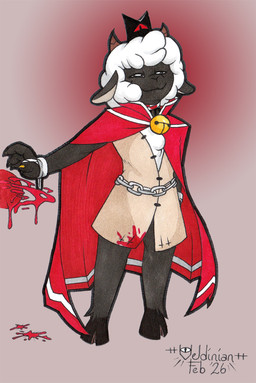 ambiguous_gender anthro bandage bell bell_collar blood blood_magic blood_on_clothing blood_splatter bodily_fluids button_(fastener) chain chain_belt chest_tuft cloak clothing collar crown cuff_(restraint) fur handcuffs hat headgear headwear hooves horizontal_pupils horn ichor metal_cuffs neck_injury pupils restraints robe shirt solo topwear tuft tunic wool_(fur) ratchetsly cult_of_the_lamb massive_monster_(studio) lamb_(cult_of_the_lamb) red_crown_(cult_of_the_lamb) bovid caprine mammal sheep hi_res