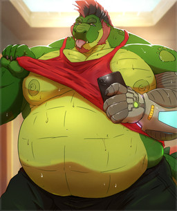 anthro beard belly big_belly big_muscles big_pecs facial_hair huge_belly male muscular muscular_male nipples nips organs overweight pecs size_difference solo stomach tongue tongue_out trapezius ruizuu invader_(invaderthegator) alligator alligatorid crocodilian reptile scalie absurd_res hi_res