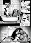 2023 anthro bathroom bathtub black_and_white bovid bovine butt caprine cody_(falcon_mccooper) comic dialogue digital_media_(artwork) duo electronics embrace english_text equid equine face_on_chest falcon_mccooper fingers fur goat hair hands_behind_head horn horse male male/male mammal monochrome muscular muscular_anthro muscular_male nipples nude page_number radio size_difference speech_bubble tail text url water william_(falcon_mccooper)