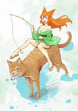 all_fours ambiguous_gender asian_clothing big_breasts breasts clothing duo east_asian_clothing female feral fishing_rod footwear hair japanese_clothing kimono looking_at_viewer orange_hair riding sandals shoes sitting straddling tail kusomiso animal_humanoid aquatic cat_humanoid domestic_cat felid felid_humanoid feline feline_humanoid felis fish humanoid mackerel_tabby mammal mammal_humanoid tabby_cat hi_res