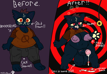 anthro big_breasts big_penis bodily_fluids breasts bulge clothed clothing dripping drooling erect_nipples feet female genital_fluids genitals hindpaw hypnosis intersex leaking_precum mind_control missuspaws_(artist) narrowed_eyes nipples partially_clothed paws pendulum penis precum precum_drip questionable_consent saliva saliva_string solo standing text night_in_the_woods mae_borowski hi_res