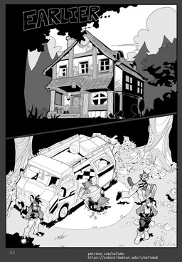 anthro building cabin camping clothed clothed_anthro clothed_male clothing fishnet_clothing forest fully_clothed fully_clothed_anthro fully_clothed_male group long_ears male plant recreational_vehicle suspenders text tree nsfuwu4 avian bird domestic_ferret hyena lagomorph leporid mammal mustelid musteline owl rabbit true_musteline weasel 2025 absurd_res black_and_white comic english_text hi_res monochrome