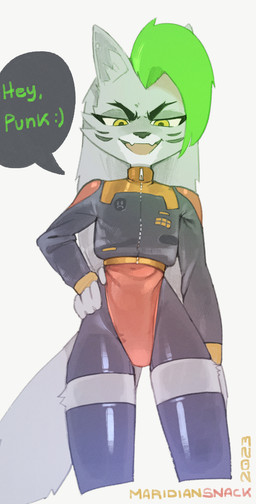anthro black_nose clothing dialogue ear_piercing eyebrows facial_markings female front_view fur green_highlights grey_body grey_fur grey_hair hair hand_on_hip head_markings highlights_(coloring) jacket latex latex_clothing latex_legwear leather leather_clothing leather_jacket leather_topwear legwear leotard long_hair looking_at_viewer markings narrowed_eyes open_mouth piercing simple_background solo speech_bubble talking_to_viewer text topwear yellow_eyes zipper maridiansnack five_nights_at_freddy's five_nights_at_freddy's:_security_breach scottgames steel_wool_studios roxanne_wolf canid canine canis mammal wolf 2023 artist_name dated digital_media_(artwork) english_text hi_res