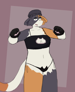 4_fingers anthro arms_bent bikini black_bikini black_clothing black_eyebrows black_gloves black_handwear black_nose black_swimwear breasts brown_background brown_eyebrows brown_tail_tip cat_cutout cheek_tuft circle_eyebrows claws cleavage_cutout clothed clothed_anthro clothed_female clothing cutout dipstick_tail eyebrows facial_tuft female female_anthro fingers fully_clothed fully_clothed_anthro fully_clothed_female fur gloves half-closed_eyes handwear long_tail looking_at_viewer markings midriff multicolored_body multicolored_fur narrowed_eyes navel open_mouth open_smile pink_claws pink_tongue red_background simple_background small_breasts smile smiling_at_viewer solo standing swimwear tail tail_markings tongue tuft two-piece_swimsuit two_tone_tail white_body white_fur white_tail yellow_eyes buleruby epic_games fortnite meow_skulls calico_cat domestic_cat felid feline felis mammal 2026 9:11 digital_drawing_(artwork) digital_media_(artwork) english_description flat_colors hi_res portrait three-quarter_portrait