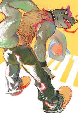 anthro ball basketball_(ball) bottomwear clothed clothing collar colored_nails eyewear facial_piercing footwear glasses green_body green_bottomwear green_clothing green_pants green_scales hand_on_knee hand_on_leg head_spikes holding_object_with_tail looking_at_viewer looking_back looking_back_at_viewer male multicolored_claws nails neck_piercing nose_piercing nose_ring orange_clothing orange_footwear orange_shirt orange_shoes orange_topwear pants pattern_clothing piercing pink_eyewear pink_glasses purple_spikes ring_piercing scales septum_piercing septum_ring shirt shoes solo spiked_collar spikes spikes_(anatomy) spots spotted_clothing tail teeth text tongue tongue_out topwear yellow_sclera zzzz02a goat_(movie) sony_corporation sony_pictures modo_olachenko komodo_dragon lizard monitor_lizard reptile scalie 2026 absurd_res digital_media_(artwork) hi_res