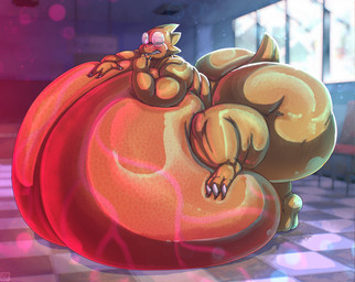 3_toes anthro big_breasts big_butt blush breasts butt feet female hand_on_breast huge_breasts huge_butt huge_thighs hyper hyper_breasts hyper_butt nude one_eye_closed pink_eyes resting_on_breast scales solo tail thick_tail thick_thighs toes yellow_body yellow_scales xtrent968 undertale_(series) alphys lizard reptile scalie 2025 digital_media_(artwork) hi_res