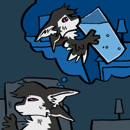 3_fingers 4_ears ambiguous_gender anthro bed black_body black_feathers black_fur black_sclera chest_tuft chibi countershading drinking_water feathered_wings feathers fingers fur furniture furniture_lamp glass hair half-closed_eyes inside lamp lying multi_ear narrowed_eyes nightstand nude on_bed open_mouth pillow simple_background solo thinking thought_bubble thoughtful_expression tuft tufted_fur under_covers water water_glass white_body white_feathers white_fur winged_arms wings fenya208 fyr_(fenrir784) avali avian bird 1:1 2026 colored digital_drawing_(artwork) digital_media_(artwork) meme restricted_palette