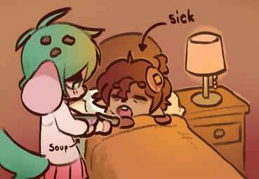anthro bed big_ears blush blush_lines bottomwear brown_eyes brown_hair candy cheek_tuft chocolate chocolate_chips clothed clothing collar dessert duo eyes_closed facial_tuft feeding female fluffy fluffy_tail food fur furniture green_eyes green_hair green_tail hair ill lamp male shirt skirt soup spoon_feeding standing tail tear_trough topwear tuft under_covers marpystar strawby_(marpystar) toffee_(toffeebun) canid canine canis domestic_dog hybrid lagomorph leporid mammal rabbit trans_(lore)