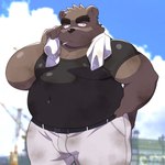 anthro belly big_belly black_nose bottomwear brown_body clothing kemono male overweight overweight_male pants shirt smoking solo topwear towel towel_around_neck diru11 bear mammal 2025 absurd_res hi_res