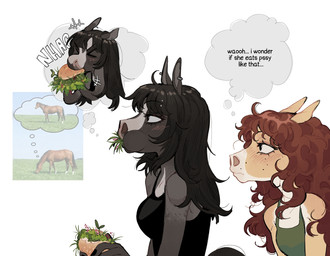anthro barbell_piercing biped blush breasts clothed clothed_anthro clothed_female clothing duo ear_piercing ear_ring eating eyebrow_barbell eyebrow_piercing facial_piercing female fingers fur hair piercing ring_piercing simple_background raccoattack equid equine horse mammal 2026 digital_drawing_(artwork) digital_media_(artwork) hi_res