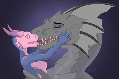 abstract_background age_difference anthro blue_body breasts claws duo eyes_closed facial_scar featureless_breasts female french_kissing grey_body hand_on_head hand_on_hip holding_another horn kissing larger_male licking_tongue male male/female markings nude open_mouth pink_body pink_horn romantic romantic_couple scar size_difference spots spotted_markings teeth text tongue tongue_out owl_light mythology slagar_(saren662) dragon kobold mythological_creature mythological_scalie scalie 2026 3:2 english_text hi_res