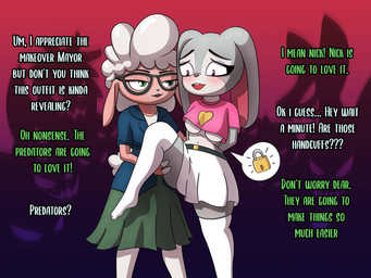 anthro belt blush bottomwear bound buckteeth clothing dialogue duo eyewear female fingers fur glasses green_eyes grey_body half-closed_eyes hooved_fingers hooves legwear lock narrowed_eyes open_mouth open_smile pink_body purple_eyes skirt smile stockings teeth text wool_(fur) resonatingdiscord disney zootopia dawn_bellwether judy_hopps bovid caprine lagomorph leporid mammal rabbit sheep 2022 4:3 digital_media_(artwork) english_text