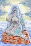 1_eye areola big_breasts blue_hair breasts cloud facial_markings female green_body green_scales grey_areola grey_body grey_nipples grey_scales hair head_markings huge_breasts long_hair looking_at_viewer markings messy_hair navel nipples nude open_mouth red_eyes rock scales sea sitting sky skyscape solo sun thick_thighs water wide_hips u_su1 atlus megami_tensei sega sedna_(megami_tensei) animal_humanoid cyclops deity fish fish_humanoid humanoid marine marine_humanoid hi_res