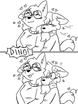 after_sex anthro blep blush breath clothed clothed_anthro clothing duo embarrassed exclamation_point eyebrow_piercing eyes_closed eyewear facial_piercing female glasses head_on_shoulder heart_pupils heart_symbol hug hugging_another hugging_from_behind male male/female onomatopoeia panting piercing satisfied_look sound_effects surprised sweater sweating_profusely tails_touching text tongue tongue_out topwear wearing_glasses wide_eyed bloop_uwu senth_(riley_canvessa) splootchy_(riley_canvessa) canid canine canis mammal wolf 3:4 comic hi_res line_art monochrome