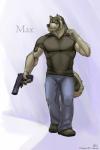 abs anthro athletic biceps big_muscles biped black_body black_fur black_nose boots bottomwear cigarette clothed clothing denim denim_bottomwear denim_clothing fangs footwear front_view fully_clothed fur grey_body grey_fur gun handgun holding_gun holding_object holding_ranged_weapon holding_weapon jeans male manly muscular muscular_anthro muscular_male pants pecs pistol pose ranged_weapon shirt shoes smoking solo standing stereotype teeth topwear weapon rrowdybeast canid canine canis mammal wolf