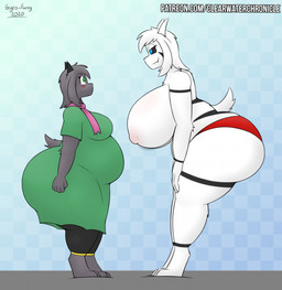 anthro belly bent_over big_breasts big_butt black_sclera blue_eyes blush breasts butt clothed clothing crossgender duo female fur green_eyes grey_body grey_fur huge_breasts huge_butt huge_thighs larger_female leggings legwear markings mtf_crossgender nipples overweight overweight_female pattern_background robe scarf simple_background size_difference smaller_female smile smirk thick_thighs topless underwear white_body white_fur gyro-furry deltarune undertale undertale_(series) asriel_dreemurr_(god_form) ralsei boss_monster_(undertale) bovid caprine goat mammal hi_res signature story story_in_description