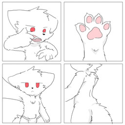 4_fingers after_transformation anthro bottomwear butt butt_focus camera claws clothed clothing finger_fetish finger_in_mouth finger_play fingers fur holding_camera holding_object loincloth looking_at_viewer male open_mouth pawpads paws red_eyes simple_background solo teeth topless white_background white_body white_fur chano changed_(video_game) dr._k_(changed) canid canine canis mammal wolf 1:1