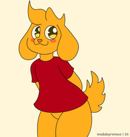 anthro blush blush_stickers bottomless bottomless_anthro bottomless_male clothed clothing male red_clothing red_shirt red_t-shirt red_topwear scratch shirt shirt_only t-shirt topwear topwear_only coelhoposa_(artist) glitch_productions the_amazing_digital_circus scratch_(tadc) bird_dog canid canine canis domestic_dog golden_retriever hunting_dog mammal retriever digital_media_(artwork) hi_res