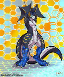 abs abstract_background animal_genitalia anthro fully_sheathed fur genital_slit genitals glowing glowing_eyes hexagon_background hexagons looking_at_viewer male markings raised_arms sheath solo striped_body striped_fur striped_markings striped_tail stripes tail tail_markings text three-quarter_view errokioslem capcom monster_hunter flying_wyvern nargacuga 5:6 full-length_portrait hi_res portrait url