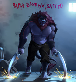 abs anthro areola arm_tuft armband barefoot barrel beard biceps big_muscles big_pecs biped black_armband black_body black_bottomwear black_claws black_clothing black_fur black_nose black_pants black_sclera bottomwear claws clothed clothing cosplay deltoids detailed_background dual_wielding elbow_tuft eyebrows facial_hair fangs feet finger_claws forearm_muscles front_view fur furniture glowing glowing_eyes grey_areola grey_body grey_fur grey_nipples grey_tail hair happy_birthday holding_object holding_sickle holding_weapon humanoid_hands lights looking_at_viewer male mane muscular muscular_anthro muscular_arms muscular_male navel nipples open_mouth open_smile pants pecs pupils red_beard red_body red_eyebrows red_eyes red_facial_hair red_fur red_hair red_mane red_tail_tuft shadow sickle smile solo sparks stone_floor stone_wall stool tail tail_tuft teeth text thin_tail toe_claws tongue_showing topless triceps tuft walking walking_towards_viewer wall_(structure) weapon white_pupils purtropos dreamworks puss_in_boots_(franchise) death_(puss_in_boots) rike_(troy300) felid lion mammal pantherine 2023 absurd_res digital_media_(artwork) english_text full-length_portrait hi_res portrait signature