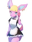 anthro blonde_hair blue_eyes breasts clothed clothing ear_piercing female fur hair maid_uniform piercing pink_body pink_fur simple_background solo standing uniform white_background baburusushi animal_crossing nintendo fuchsia_(animal_crossing) deer mammal 2020 3:4 digital_media_(artwork) hi_res