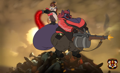 blue_eyes clothing cosplay cosplay_game duo_focus eyewear facial_hair female gatling_gun goggles goggles_on_face group gun hair holding_object holding_weapon hoodie larger_female logo machine_gun male minigun morbidly_obese mustache obese overweight ranged_weapon red_hair screencap screencap_background simple_background size_difference smaller_male standing_on_another tail text thick_tail topwear weapon cherryterror techzatles capcom monster_hunter team_fortress_2 the_heavy valve heavy_(team_fortress_2) medic_(team_fortress_2) sarah_atles flying_wyvern kobold nargacuga scalie 2025 artist_logo english_text hi_res