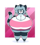 anthro beady_eyes big_breasts breasts cleavage clothed clothing eyelashes female gesture grey_hair hair hand_gesture happy huge_breasts hyper hyper_breasts pose smile solo standing thick_thighs v_sign dewbber animal_crossing nintendo lolly_(animal_crossing) domestic_cat felid feline felis mammal