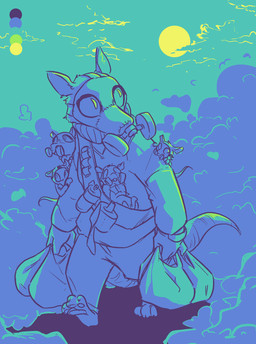 ambiguous_gender anthro bag carrying_another cloud gas_mask group looking_back mask neonate smoke sun tail young ittybittykittytittys american_opossum mammal marsupial 2020 restricted_palette