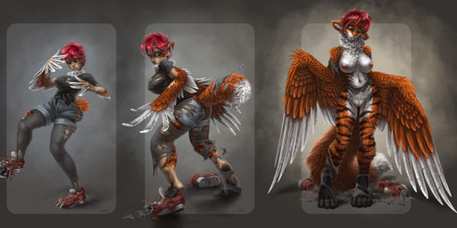 4_toes anthro base_one_layout basic_sequence bottomwear breast_expansion breasts claws clothed clothing countershading digitigrade dipstick_tail expansion feathered_wings feathers feet female footwear genitals green_eyes hair human_to_anthro inner_ear_fluff legwear linear_sequence markings multicolored_tail navel nipples nude on_one_leg one_row_layout open_mouth pantyhose red_hair shirt shoes short_hair shorts solo species_transformation standing stripes surprised tail tail_markings three_frame_image three_frame_sequence toe_claws toes topwear torn_clothing transformation transformation_sequence tuft vulva white_body white_countershading wings sabretoothed_ermine kyla_thompson avian canid canine felid fox human hybrid mammal pantherine tiger 2016 hi_res sequence