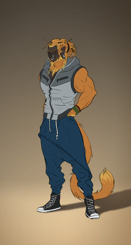anthro beard biceps body_hair bottomwear clothed clothing ear_piercing eyebrow_piercing facial_hair facial_piercing footwear fully_clothed fur hoodie looking_at_viewer male muscular muscular_anthro muscular_arms muscular_male nose_piercing orange_body orange_fur oversized_bottomwear oversized_clothing oversized_pants pants piercing shoes sneakers solo streetwear topwear mickey_the_retriever aureliano haplorhine mammal monkey primate absurd_res hi_res