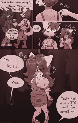 4_panel_comic alcohol ambiguous_anthro ambiguous_gender anthro areola beverage biped black_body black_eyes black_fur black_tail blush blush_lines boots bottle bottomwear breasts bubble canine_teeth choker cigarette cigarette_smoke clothed clothing cocktail combat_boots constricted_pupils container crowd dialogue dress drunk drunk_bubble ellipsis eye_through_hair eyebrow_through_hair eyebrows eyelashes eyelashes_through_hair female female_anthro footwear fur giggling grin group hair half-closed_eyes harness high_heels holding_alcohol holding_beverage holding_bottle holding_cigarette holding_container holding_object hoodie horn jacket jewelry looking_at_another medium_breasts mouth_closed narrowed_eyes necklace nipple_slip nipple_tape nipples one_breast_out open_mouth pants party pasties public public_exposure pupils shoes small_breasts small_pupils smile smoke snout speech_bubble substance_intoxication tail tape tapping teeth text topwear translucent translucent_hair trio white_body white_fur white_tail lewdles koko_(kokorozek) rubee_(lewdles) sapphira_(lewdles) bovid caprine caprine_demon demon goat_demon mammal 2025 comic english_text hi_res red_theme signature sibling_(lore) sister_(lore) sisters_(lore)