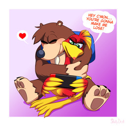 anthro backpack beak black_nose blue_backpack bottomwear brown_body brown_fur claws clothed clothing dialogue duo eyelashes eyes_closed feathered_wings feathers female fur green_eyes head_tuft holding_object hug male red_body shark_tooth_necklace simple_background smile speech_bubble text tuft wings skelly_doll banjo-kazooie nintendo nintendo_switch rareware banjo_(banjo-kazooie) kazooie avian bear bird breegull mammal 1:1 digital_media_(artwork) english_text hi_res