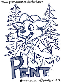 anthro clothed clothing fangs front_view hat headgear headwear logo male male_anthro open_mouth open_smile outside plant scout scout_uniform smile solo teeth text tongue tree young young_anthro young_male pandapaco canid canine mammal artist_logo half-length_portrait monochrome portrait signature sketch url