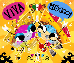 4_arms acoustic_guitar anthro big_eyes blue_eyeliner blue_hair boots clothing collar double-neck_guitar dress duo electric_guitar eyeliner eyewear female footwear freckled_face freckles gesture gloves goggles green_clothing green_dress grey_body grey_boots grey_clothing grey_footwear grey_skin guitar hair half-closed_eyes hand_gesture handwear hat headgear headwear insect_wings legwear makeup mexico multi_arm multi_limb musical_instrument narrowed_eyes overall_dress overalls pattern_clothing pattern_footwear pattern_legwear pattern_socks pink_hair plucked_string_instrument red_clothing red_eyewear red_footwear red_goggles red_guitar red_overalls red_socks shirt shoes simple_background sleeveless_shirt smile socks sombrero spiked_collar spikes string_instrument striped_clothing striped_footwear striped_socks stripes text topwear v_sign white_clothing white_footwear white_gloves white_handwear white_shirt white_socks white_topwear wings yellow_background yellow_body yellow_boots yellow_clothing yellow_footwear yellow_guitar yellow_hat yellow_headwear yellow_skin mags-niac disney el_tigre nickelodeon the_buzz_on_maggie frida_suarez maggie_pesky arthropod bee fly_(animal) hymenopteran insect spanish_text