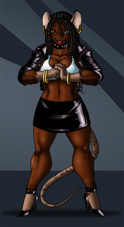 ankle_strap_heels anthro big_breasts biped bottomwear bracelet breasts brown_body brown_eyes brown_fur brown_hair buckteeth clothed clothing collar cutout_heels dreadlocks ear_piercing female footwear fur gold_(metal) gold_tooth hair high_heels jacket jewelry leather leather_bottomwear leather_clothing leather_jacket leather_skirt leather_topwear looking_at_viewer midriff navel piercing prehensile_tail pumps shirt shoes skirt smile solo tail tank_top teeth topwear wide_hips crovirus godiva_(wolfkidd) mammal murid murine rat rodent 2012 hi_res