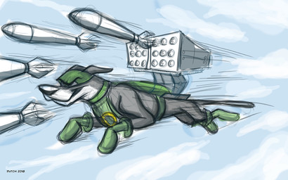 clothed clothing cloud feral flying fur machine male midair missile missile_pod partially_clothed ranged_weapon sky skyscape solo tail weapon dutch_(artist) dynomutt_dog_wonder dynomutt android canid canine canis domestic_dog mammal robot 16:10 2018 signature widescreen