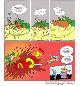 anthro belly belly_pop big_belly big_breasts blood bodily_fluids breasts death duo explosion female gore huge_belly nipples oral_vore overweight popping speech_bubble text vore agouti-rex mythology dragon human mammal mythological_creature mythological_scalie scalie 2011 comic english_text