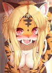 anthro big_breasts black_body black_fur blonde_hair blush bodily_fluids breasts chest_tuft convenient_censorship cute_fangs facial_markings fangs female female_anthro fluffy fur glistening glistening_hair hair hair_covering_breasts hanging_breasts happy head_markings huge_breasts inner_ear_fluff kemono leaning leaning_forward looking_at_viewer markings multicolored_body multicolored_fur multicolored_tail navel nude open_mouth open_smile orange_body orange_fur outside pink_nose public pupils red_eyes slit_pupils smile smiling_at_viewer solo sweat sweatdrop tail teeth tongue translucent translucent_hair tuft white_body white_fur horokusa0519 tora-chan_(horokusa) felid mammal pantherine tiger 2021 digital_media_(artwork) hi_res