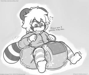 ambiguous_gender anthro big_diaper blush blush_lines bodily_fluids clean_diaper clothed clothing dialogue diaper ellipsis fist flying_sweatdrops footwear glistening glistening_eyes grey_background hair hoodie legwear lock_symbol locked_diaper magic markings pattern_clothing pattern_footwear pattern_legwear pattern_socks pattern_thigh_highs pattern_thigh_socks round_ears simple_background sitting socks solo striped_clothing striped_footwear striped_legwear striped_markings striped_socks striped_tail striped_thigh_highs striped_thigh_socks stripes sweat sweatdrop tail tail_markings text thigh_highs thigh_socks topwear twitter_handle wearing_diaper worried ludis-luteo ashi_(ashizero) canid canine mammal raccoon_dog tanuki 2023 artist_name english_text full-length_portrait greyscale hi_res monochrome portrait signature url