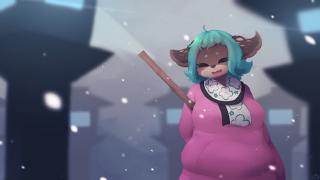 alternate_species anthro belly big_breasts breasts broom brown_body brown_fur cleaning_tool clothed clothing detailed_background dress eyes_closed female fully_clothed fur furrification green_hair hair holding_object lamp lantern looking_at_viewer mountain multicolored_body multicolored_fur open_mouth open_smile outside pink_clothing pink_dress sky slightly_chubby smile snow snowing solo standing two_tone_body two_tone_fur winter eerieviolet touhou kyouko_kasodani canid canine canis domestic_dog mammal 16:9 digital_media_(artwork) hi_res widescreen