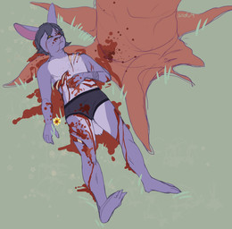 anthro blood bodily_fluids clothed clothing death dying gore male nipples simple_background solo snofu dvenadtsat_(character) hare lagomorph leporid mammal rabbit absurd_res digital_media_(artwork) hi_res
