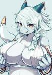 anthro big_breasts blue_body blush braided_hair breasts cleavage clothed clothing female grey_background grey_hair hair holding_breast horn huge_breasts kemono long_hair naughty_face non-mammal_breasts open_mouth simple_background smile solo white_hair yellow_eyes hanadaiteol mythology nere dragon mythological_creature mythological_scalie reptile scalie wingless_dragon